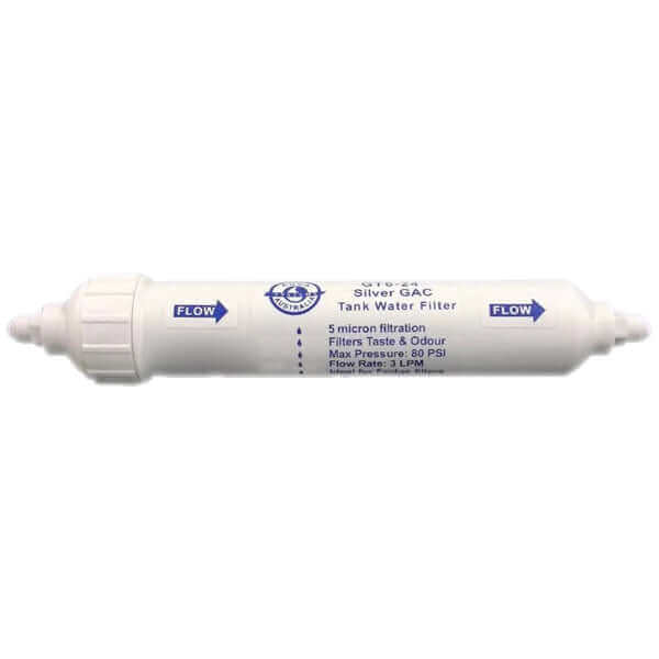 8" Silver Inline GAC Cartridge, a white cylindrical water filter featuring flow indicators and detailed filtration specifications, designed for fridge filters or water tanks.