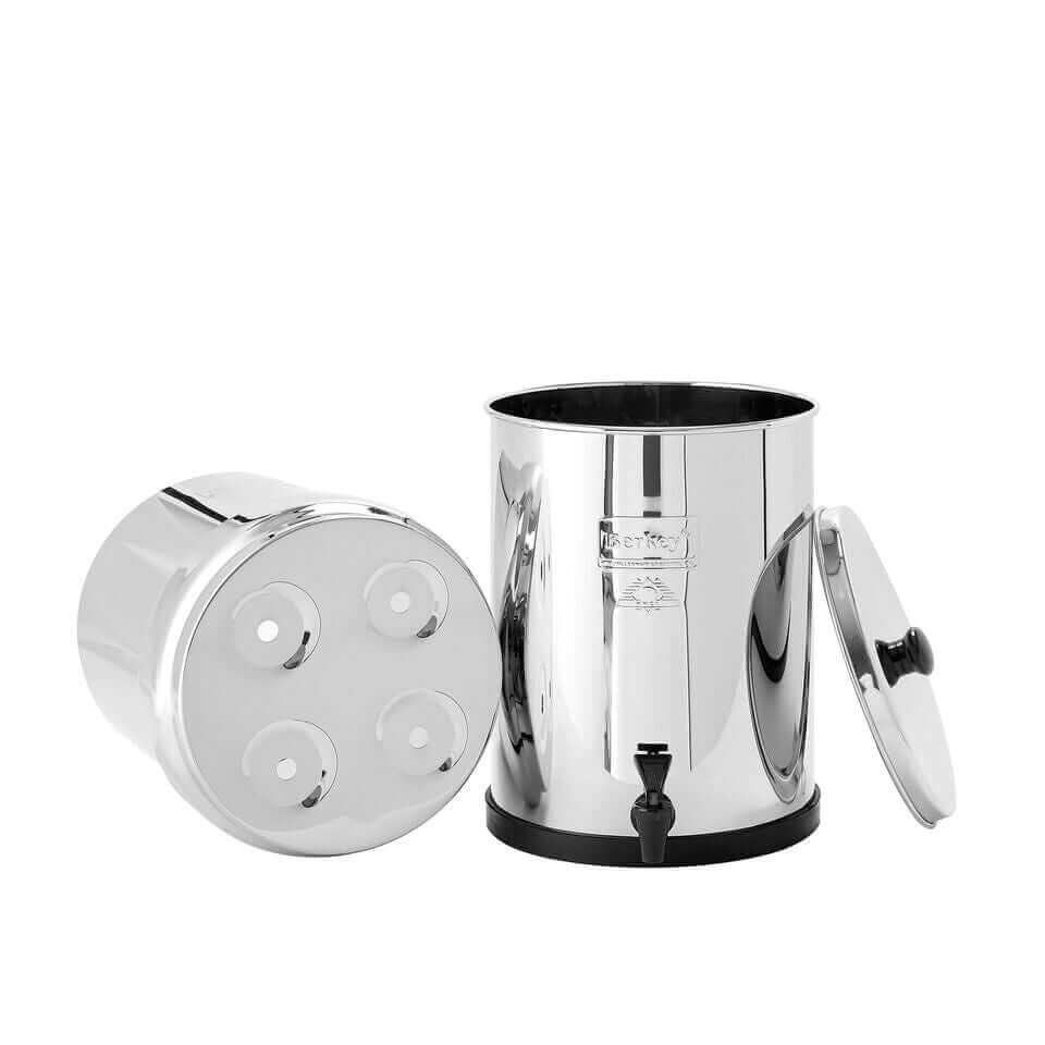 The Royal Berkey System (3.25 gal) by Berkey is a stainless steel water filter with a lid, spigot, and removable upper chamber, shown open and closed.