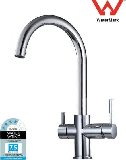 The Standard Goose Neck 3 Way Mixer Tap by Generic is a chrome kitchen faucet with dual handles, highlighted by its WaterMark logo and boasting a 7.5 water efficiency rating.