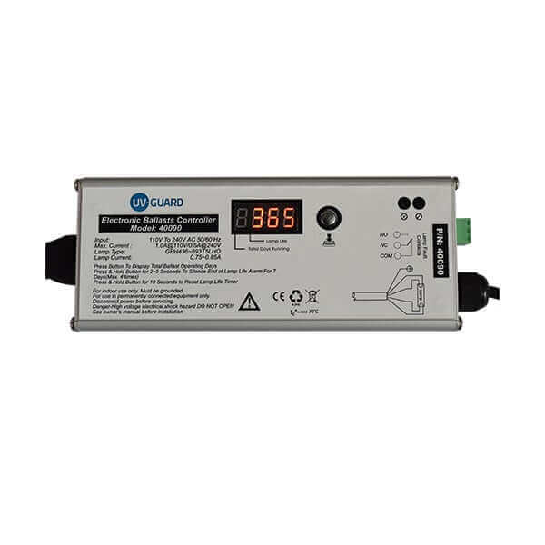 The UV Guard UV Controller 40090 features Lamp On-Off LEDs, a Lamp Fail Alarm, a Digital Lamp Life Timer, and various BMS Fault connections.
