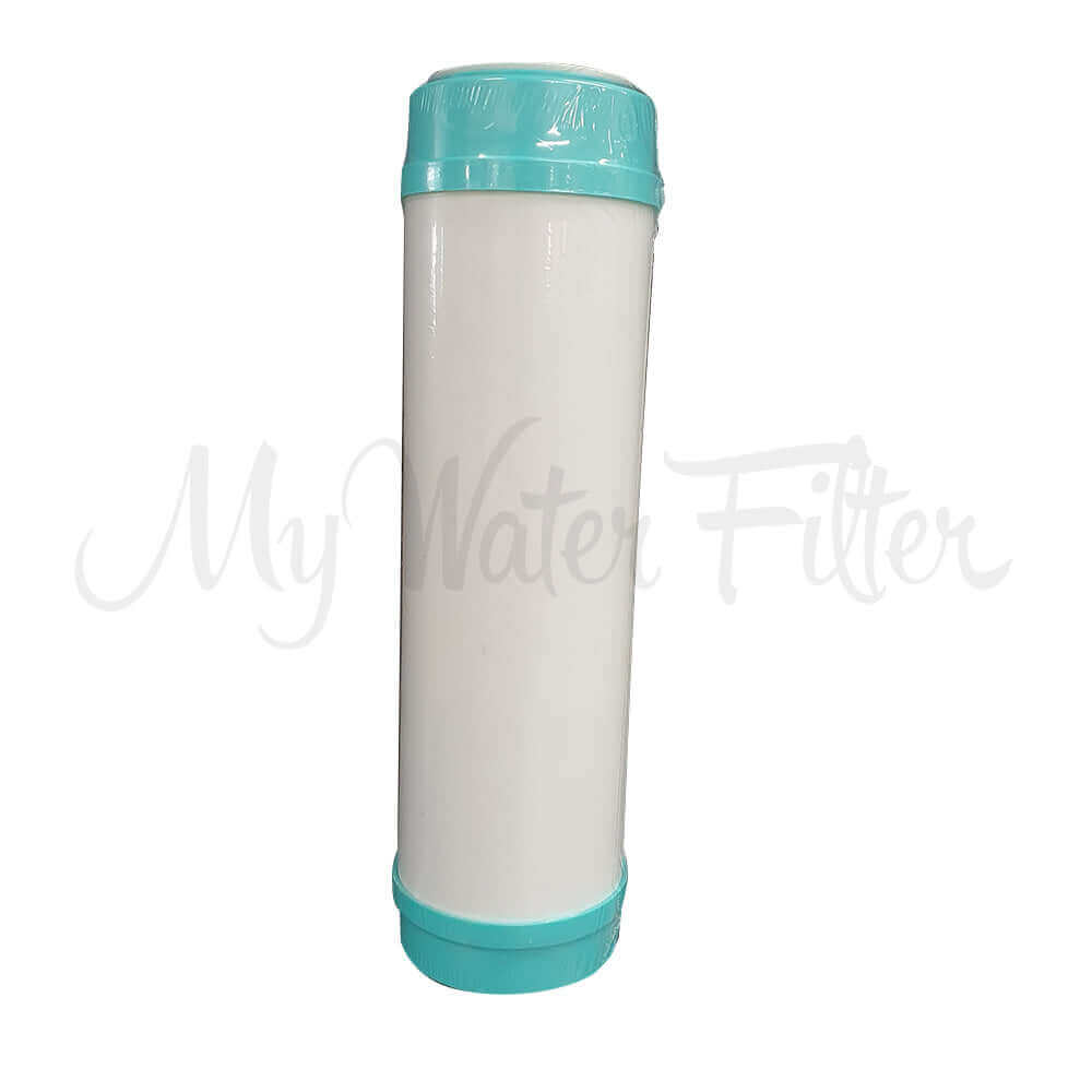 A 5 Micron Standard Alkaline Water Filter Replacement Cartridge 10" – a white cartridge with turquoise ends designed to boost pH levels and infuse your drinking water with beneficial minerals.