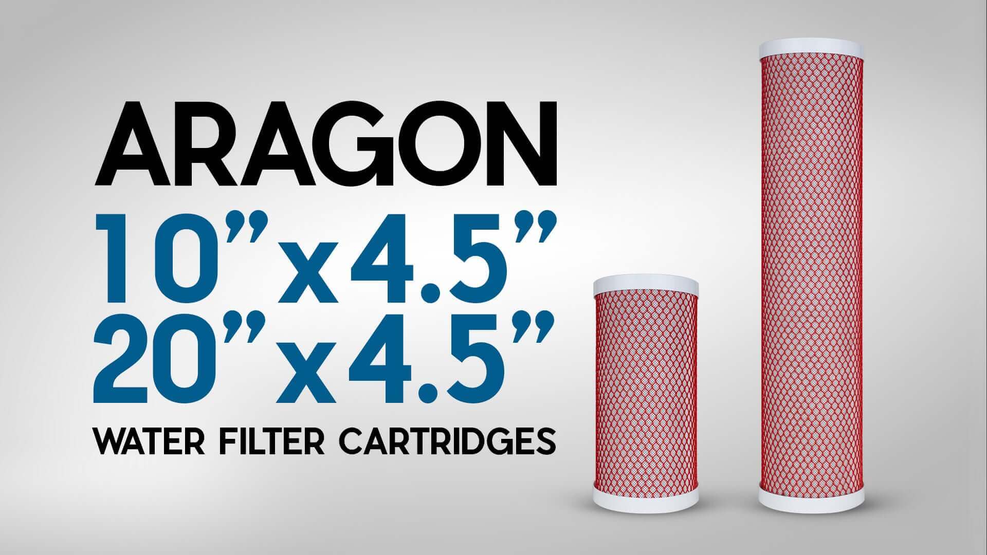 Two cylindrical water filter cartridges branded with Aragon are labeled as 10
