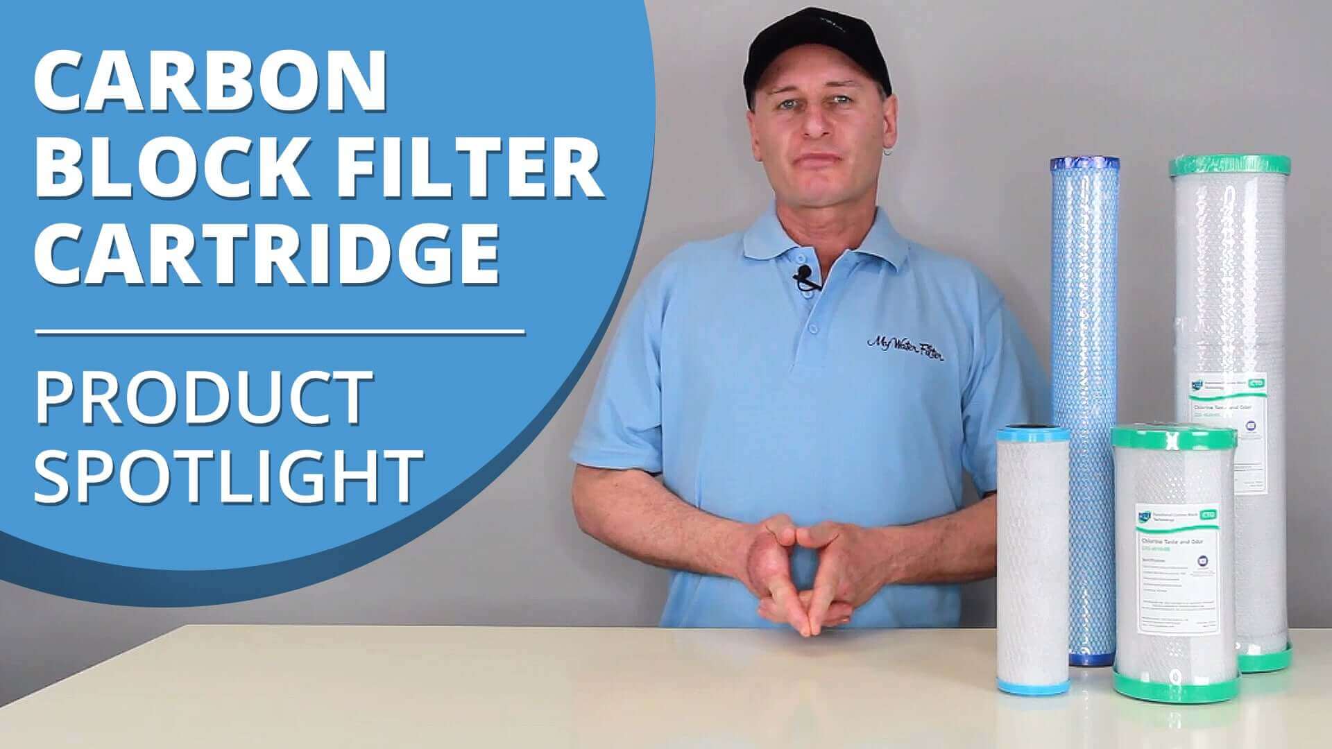 Rod standing beside the different sizes of carbon block water filter cartridges.