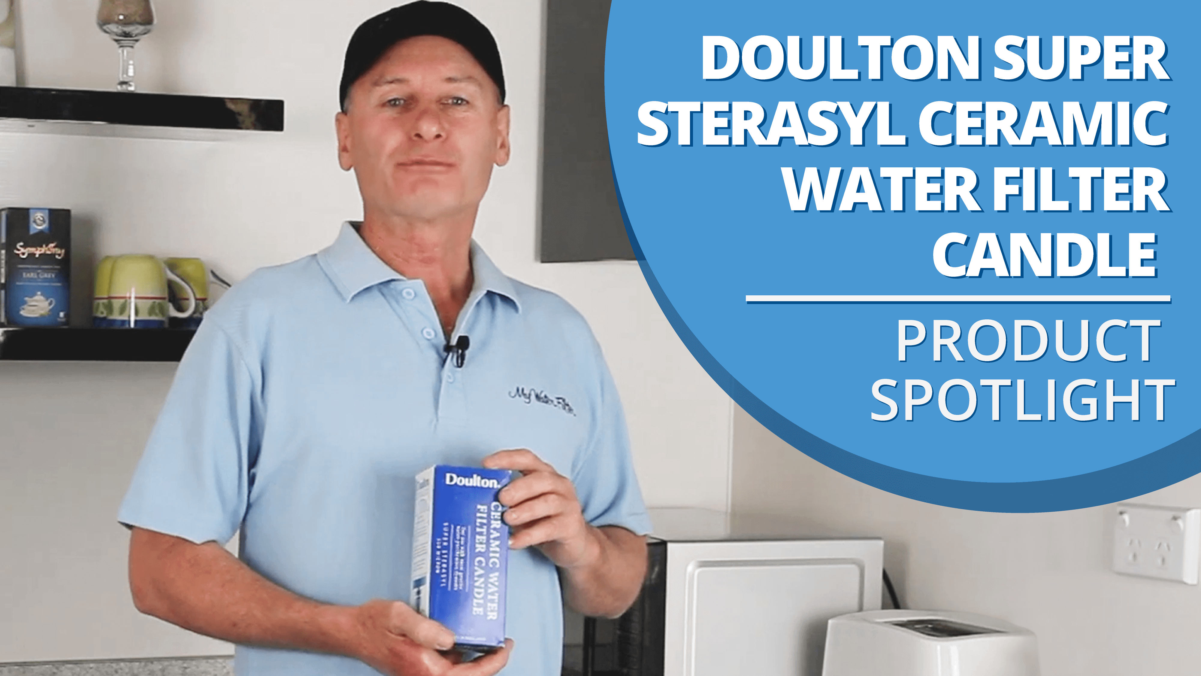 Rod holding a Doulton Super Sterasyl Ceramic Water Filter Candle box for Gravity Urn Water Filters, with product spotlight text on the right.