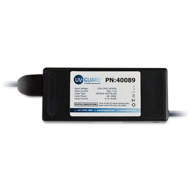 A rectangular black UV Guard power adapter, model number 40089, displays input/output details on its label and features lamp on-off LEDs and a lamp fail alarm (requires shelter).