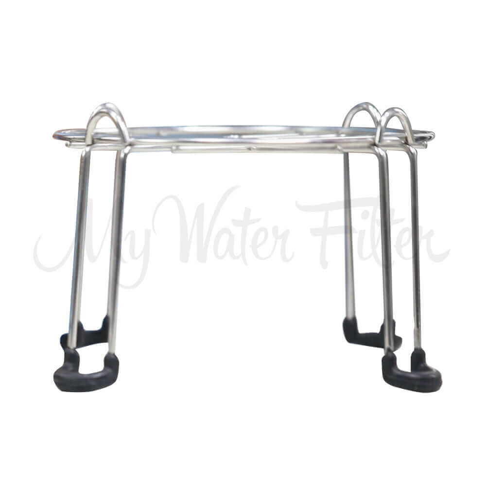 The Filteroo® Stand is a metal stand with four legs and rubber feet, designed to hold the Filteroo Steel Gravity Water Filter.