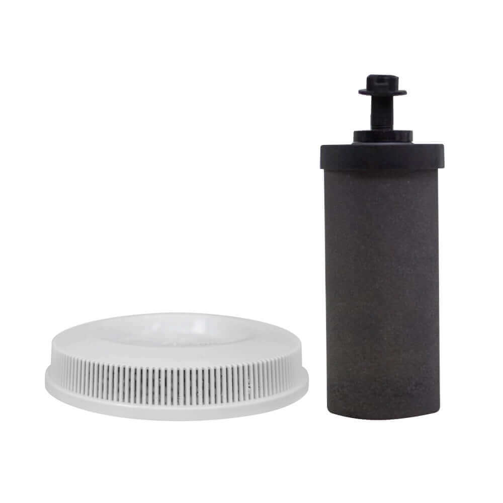 A Filteroo® Blue Replacement Cartridge from the reputable brand Filteroo is placed beside a white screw-on cap featuring fine ridges.