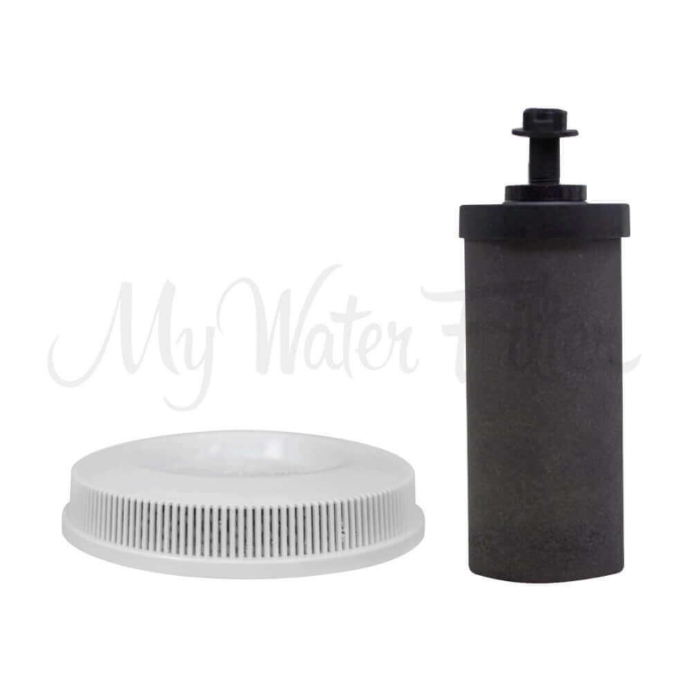 A white plastic cap and a black Filteroo® Blue Replacement Cartridge Pack are displayed against a plain white background, showcasing an efficient water filtration solution.