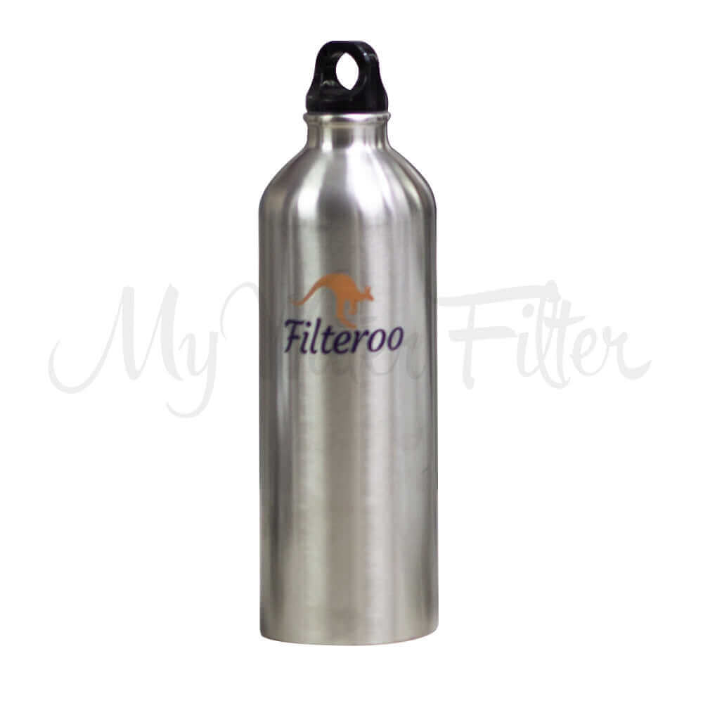 The Filteroo® 750ml Stainless Steel Water Bottle features a sleek black cap and is decorated with the iconic kangaroo logo alongside