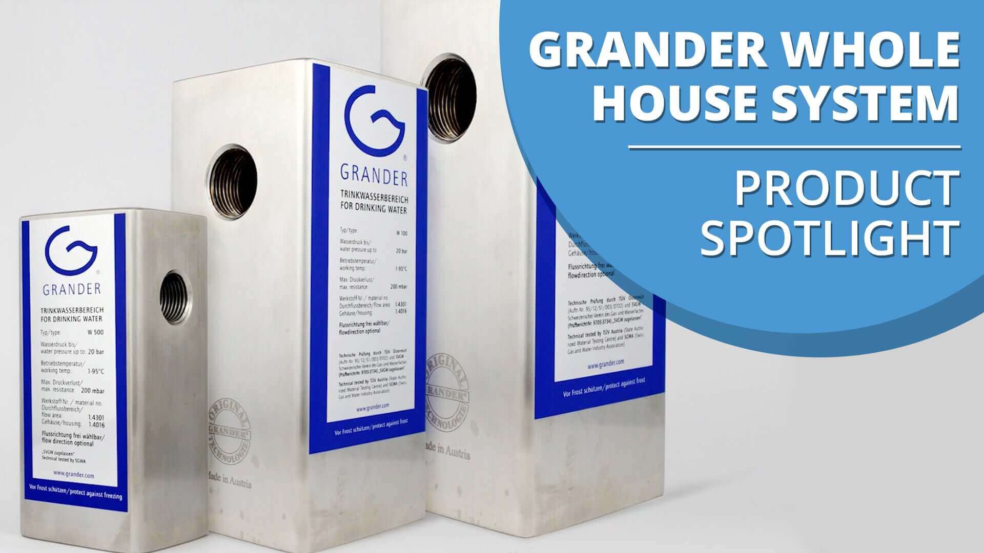 Grander Whole House System with blue labels and a product spotlight banner on the right.
