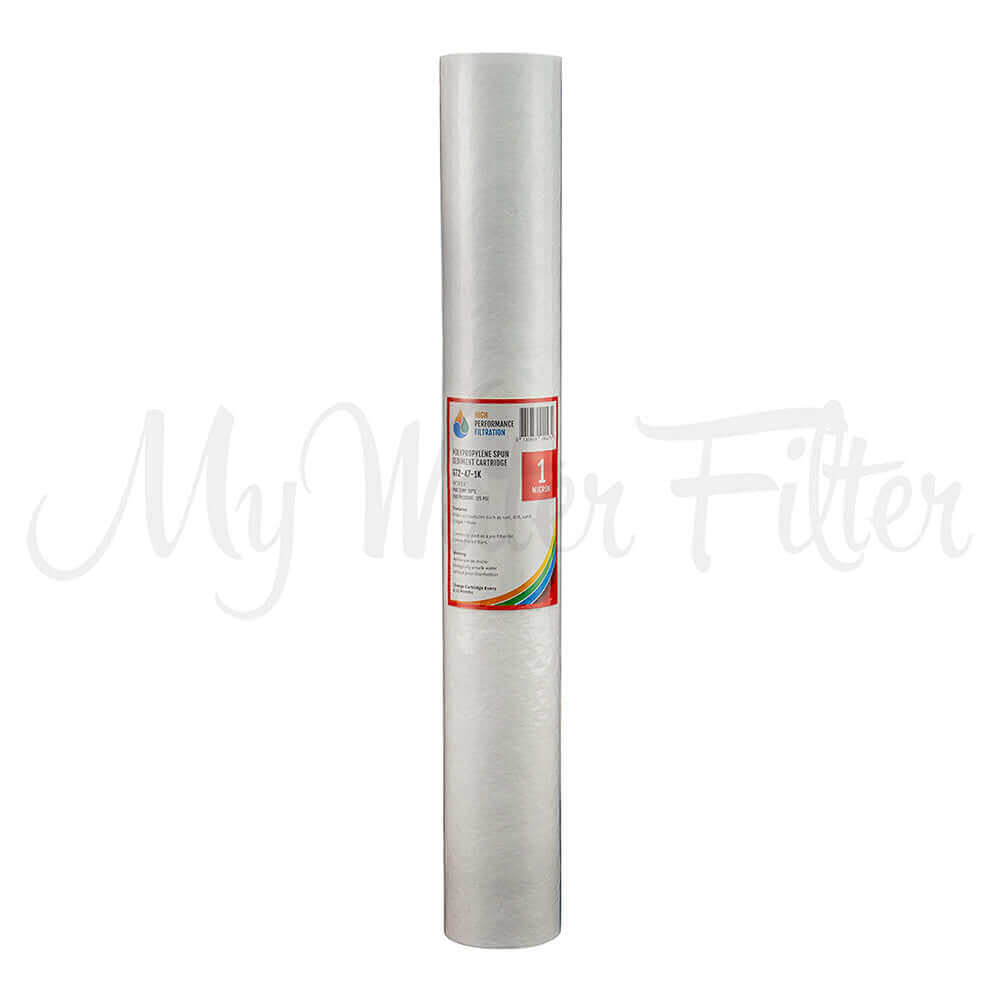 The HPF 1 Micron Polyspun Sediment Whole House Water Filter Replacement Cartridge 20" x 2.5", branded as High Performance Filtration, with its red label, is positioned upright against a plain background.