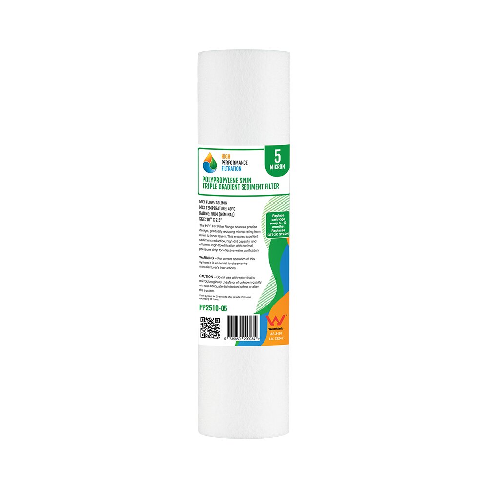 A white polyspun sediment filter as part of the Replacement Cartridge Pack for the Triple Stage 10" Under Sink Water Filter System,