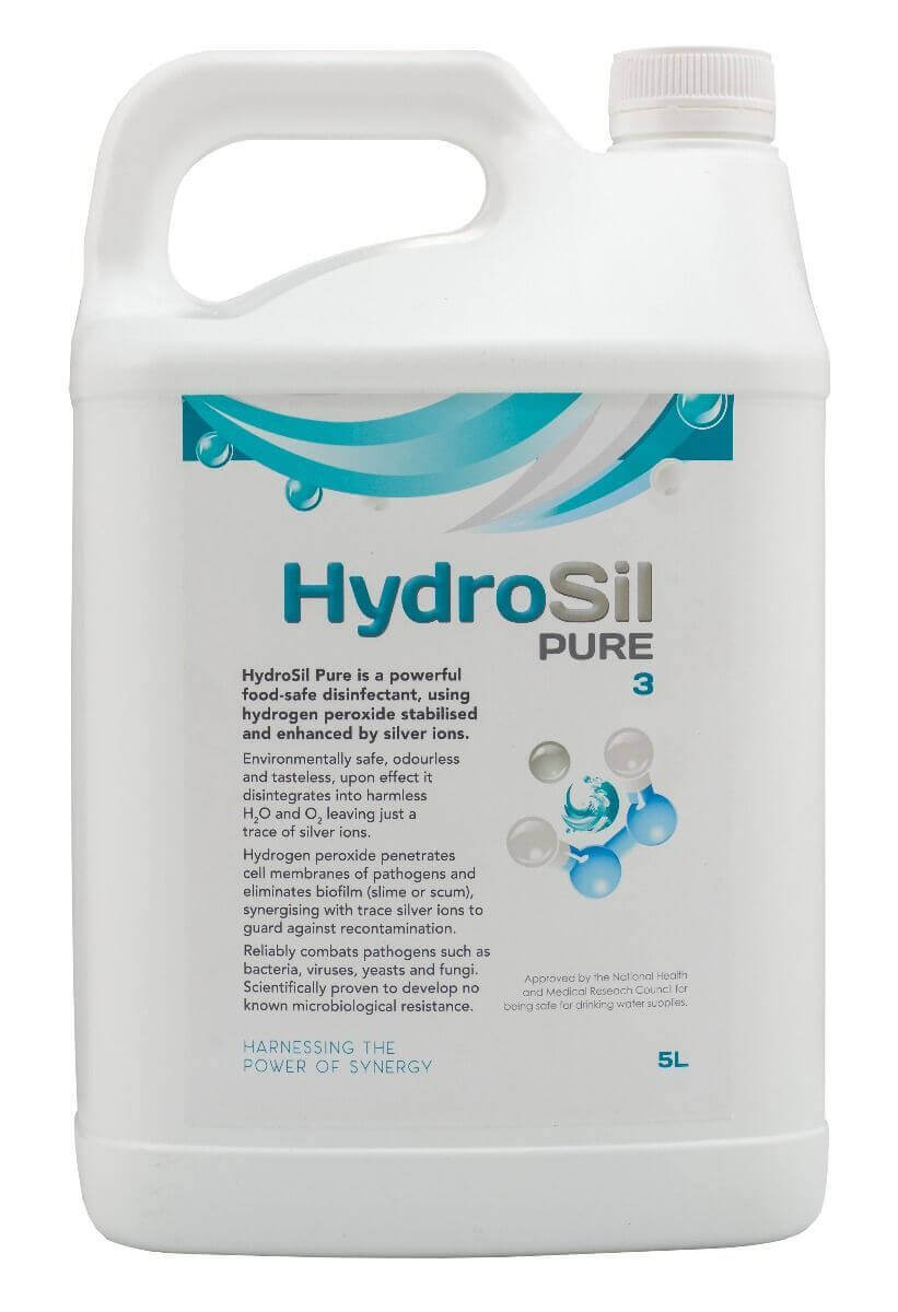 5-liter container of HydroSil-Pure 3% Hydrogen Peroxide All Purpose Disinfectant with Silver, featuring teal labeling and text highlighting its attributes.