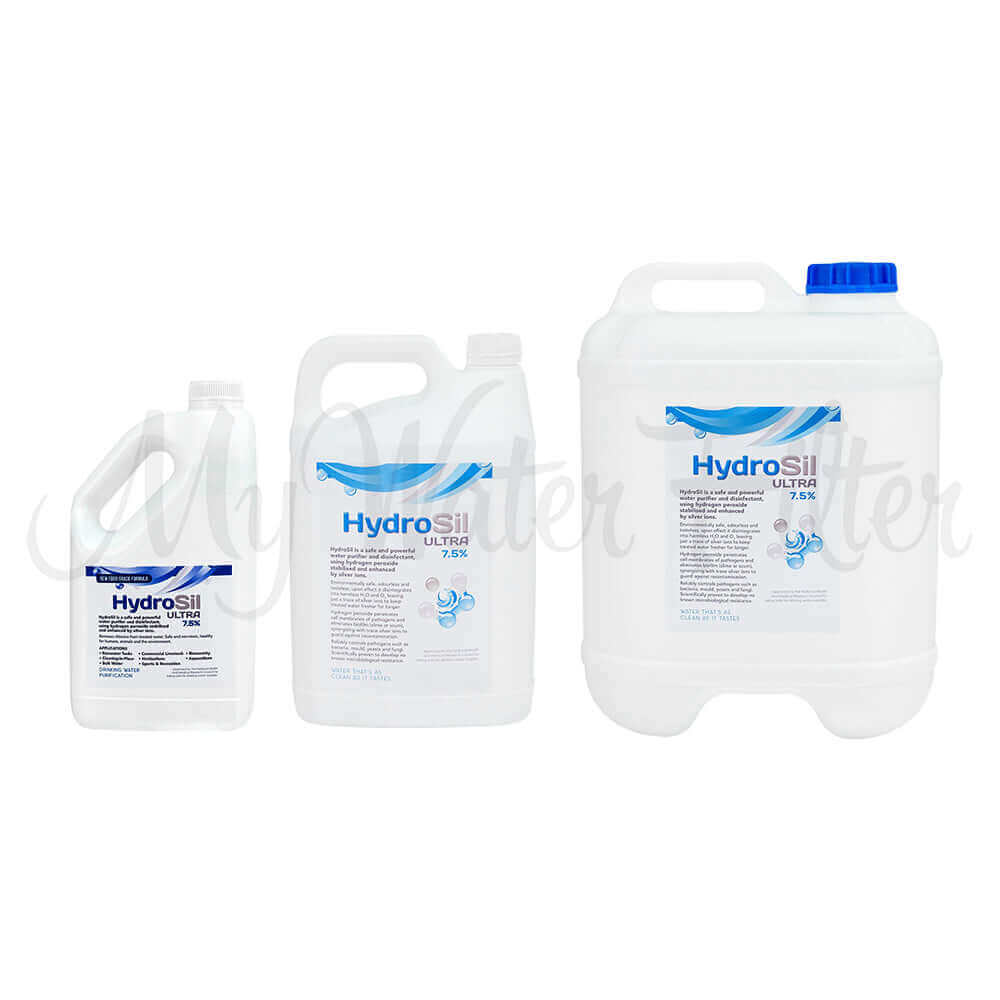 Three containers of HydroSil Ultra Silver Stabilised Hydrogen Peroxide Water Purification 7.5% in various sizes, featuring blue and white labels