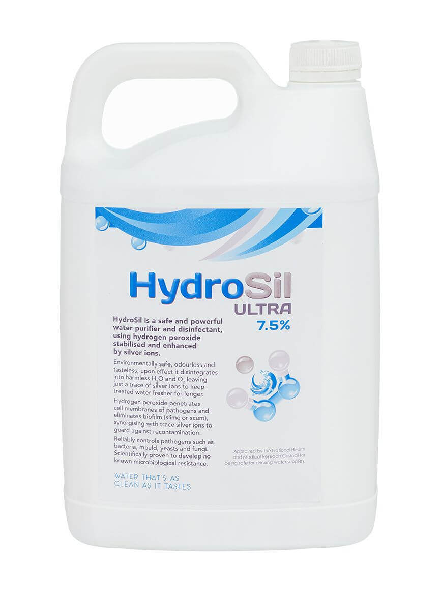 White HydroSil Ultra container with blue and silver labeling for 7.5% water purification.