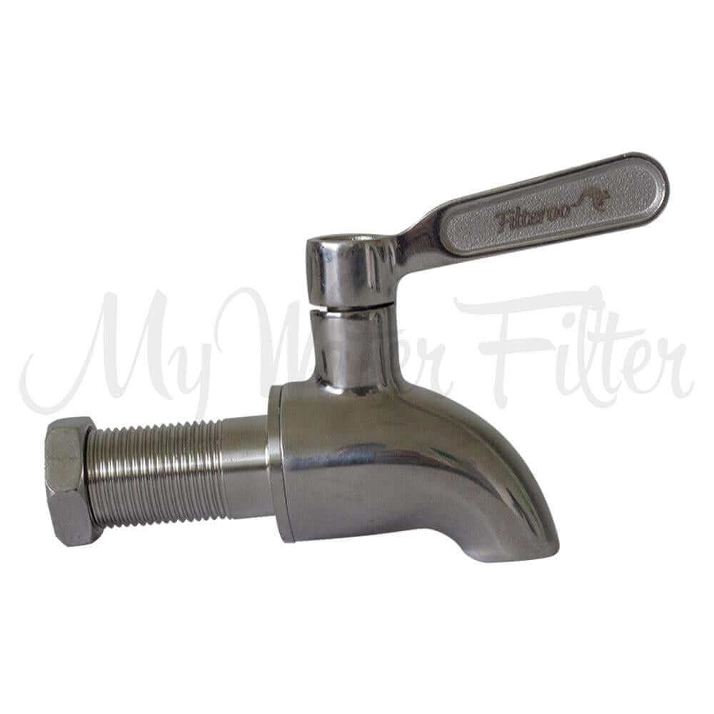 Filteroo® Stainless Steel Gravity Water Filter tap with a lever handle and threaded end.
