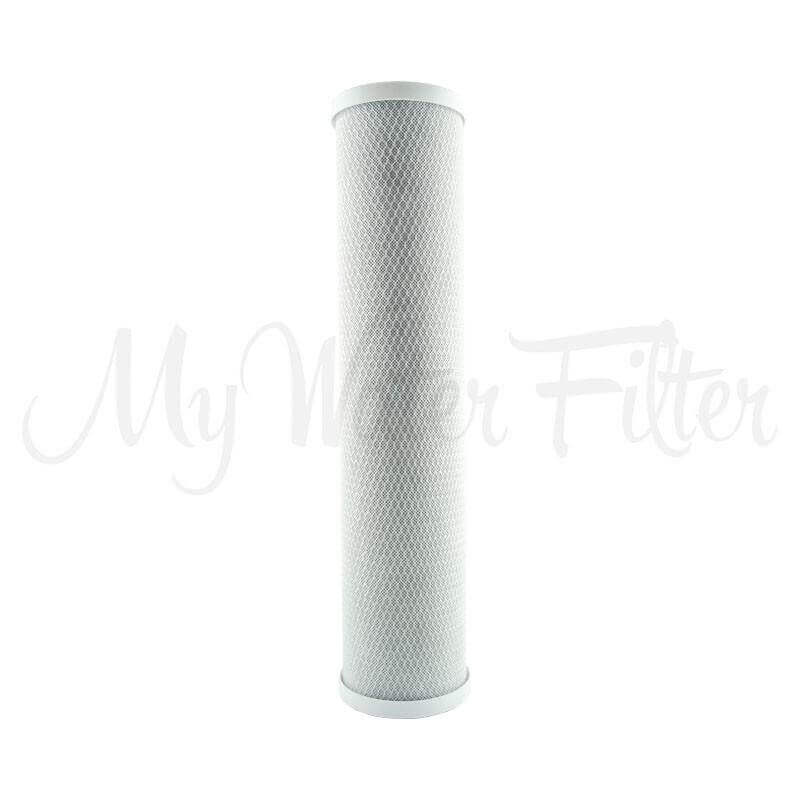 A white cylindrical 20" x 4.5" carbon block cartridge with a mesh exterior is ideal for the My Water Filter MWF 20" x 4.5" Triple Big Blue Whole House Water Filter System.