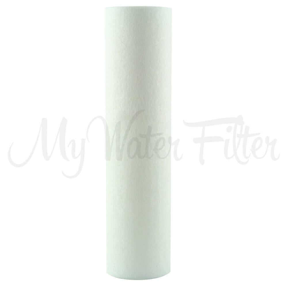 A Polyspun Sediment 20" x 4.5" white cylindrical cartridge as part of the MWF 20" x 4.5" Triple Big Blue Whole House Water Filter System with Aragon Complete and GRANDER engineered for comprehensive whole house filtration, effectively reducing chlorine.