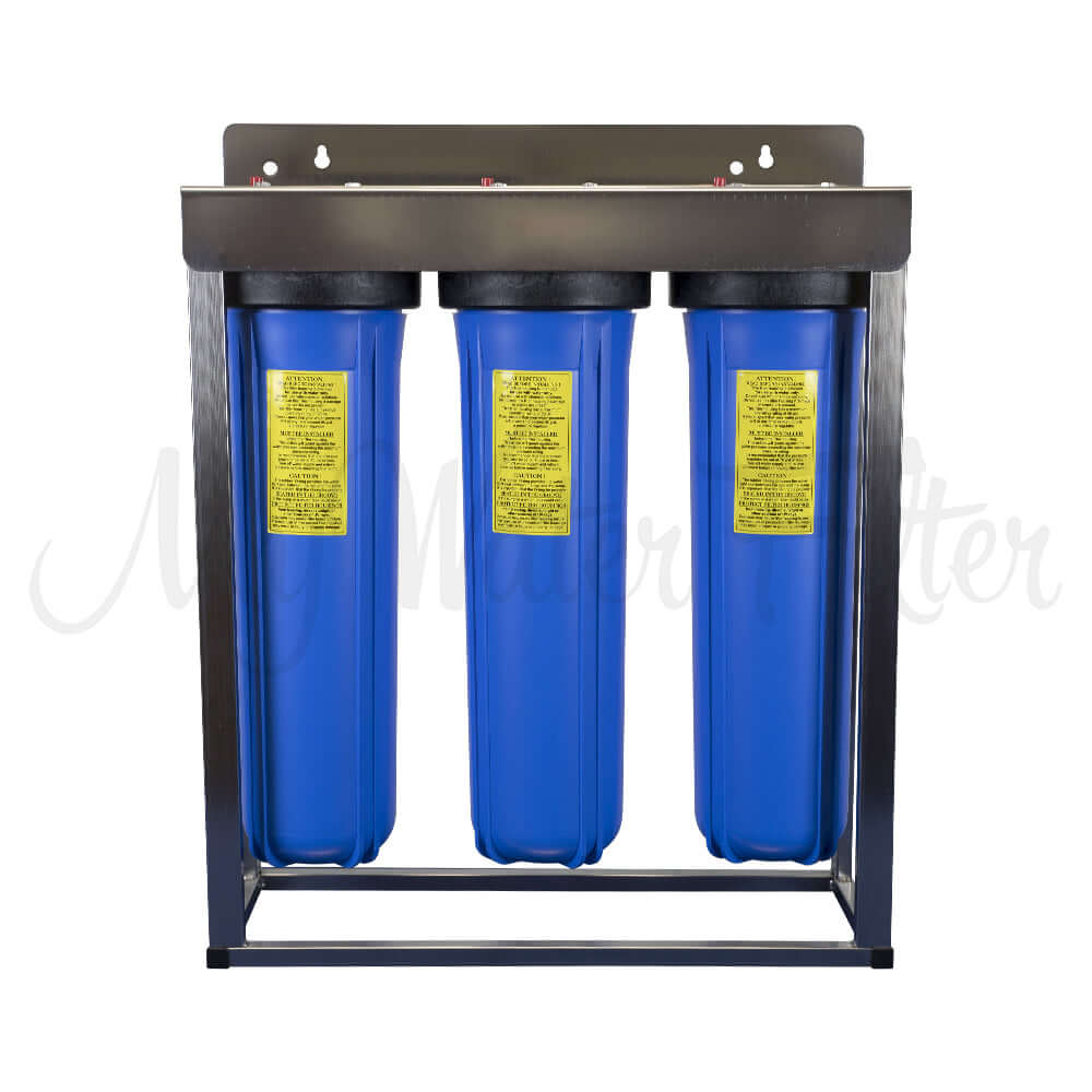 A My Water Filter system featuring three blue water filter housings mounted on a stainless steel frame.