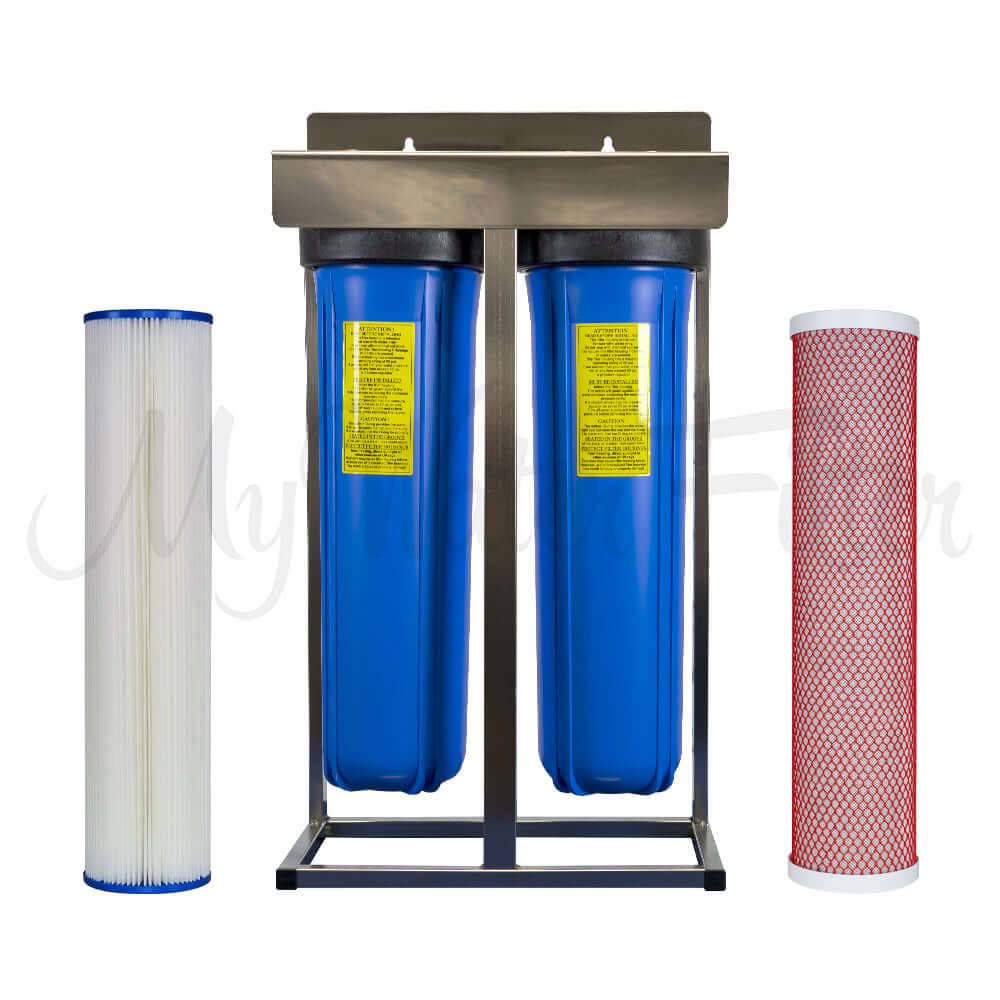 The My Water Filter MWF 20" x 4.5" Twin Big Blue Whole House Rain Water Tank Water Filter System, featuring a white pleated filter and a red carbon filter on either side, is perfect for whole house water filtration. The system includes a stainless steel frame for added durability.