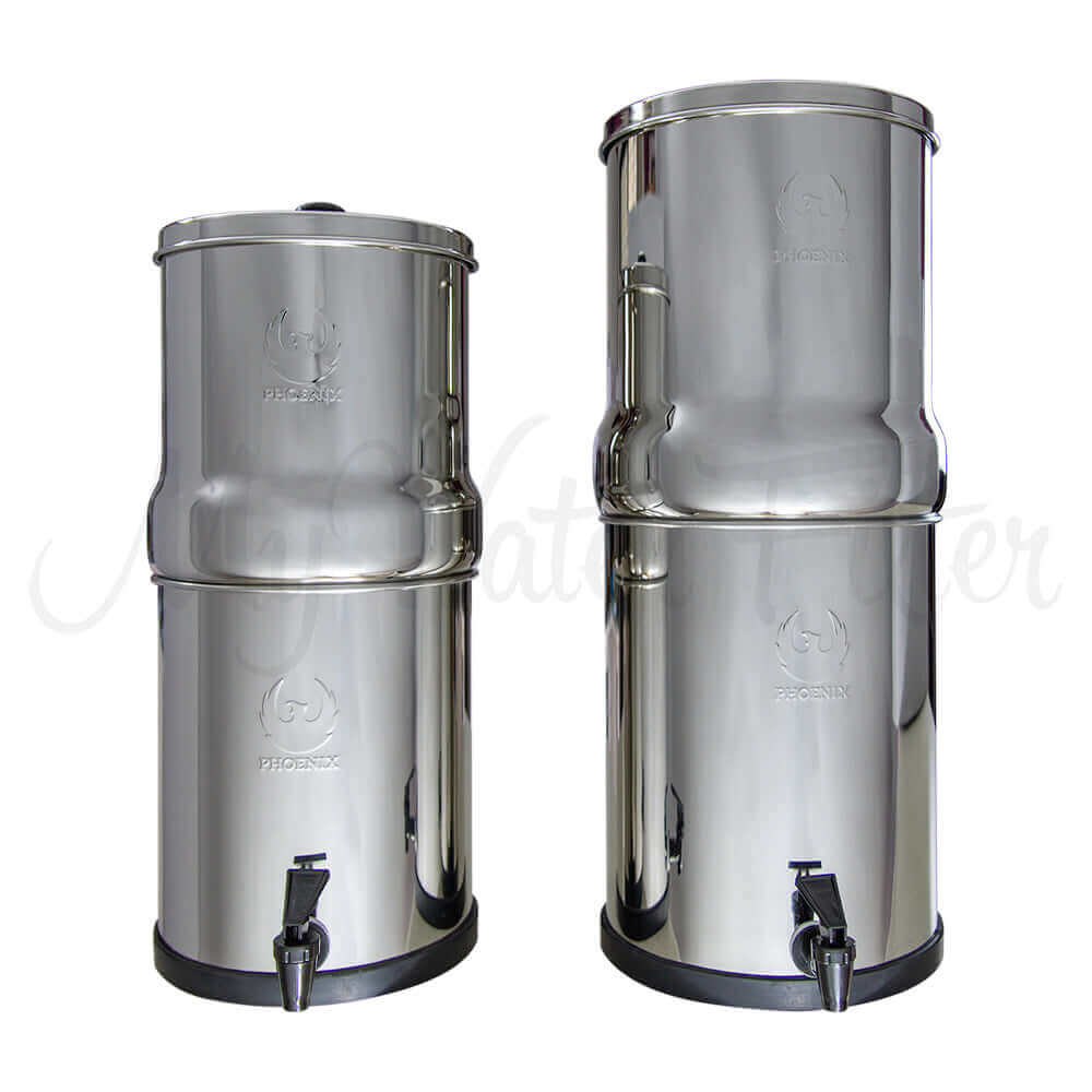 Two Phoenix stainless steel gravity water filter with spigots, one larger (12L) and one smaller (8L)