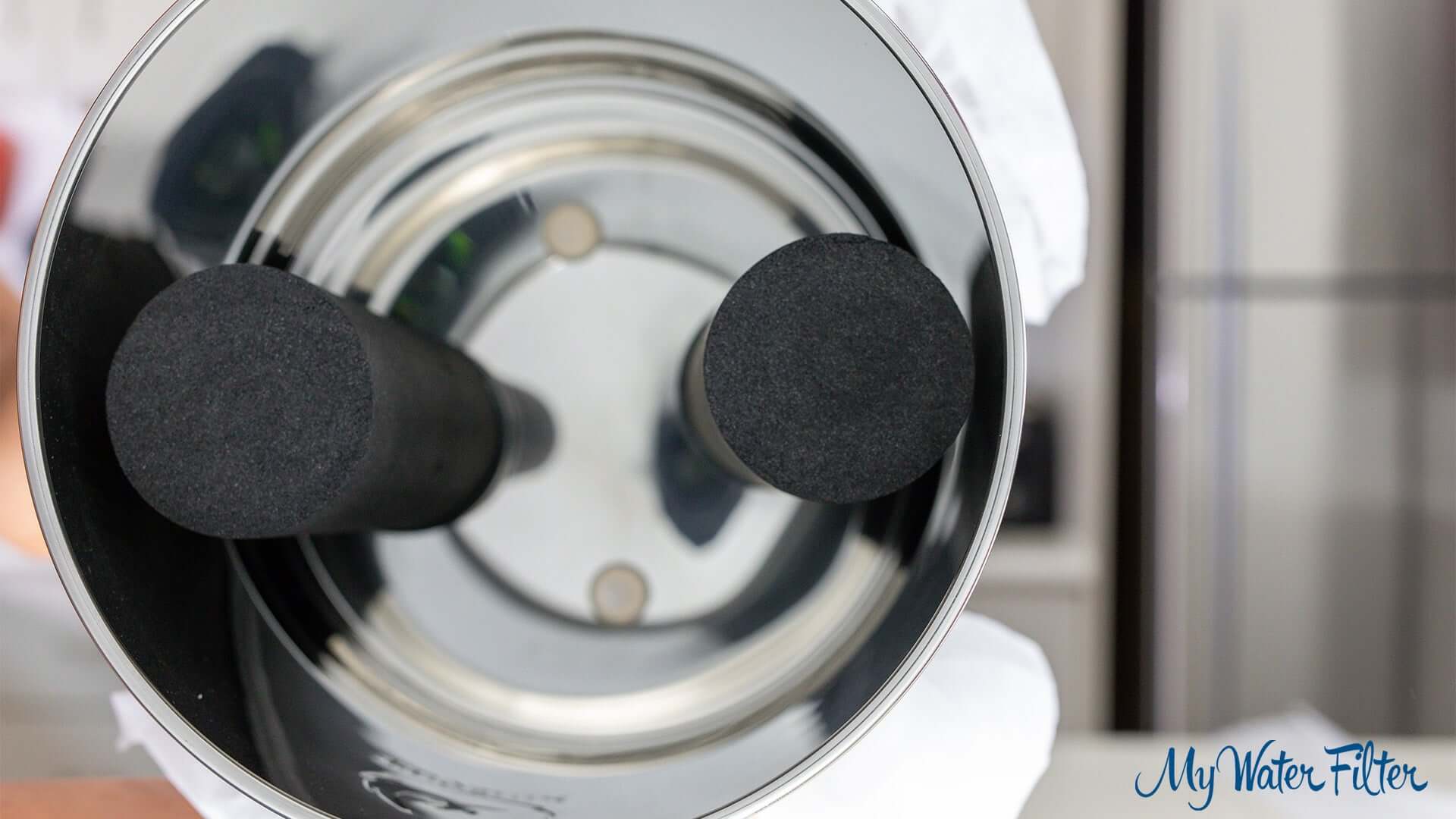 Close-up of two black cylindrical carbon block filters inside the Phoenix Stainless Steel Gravity Water Filter.