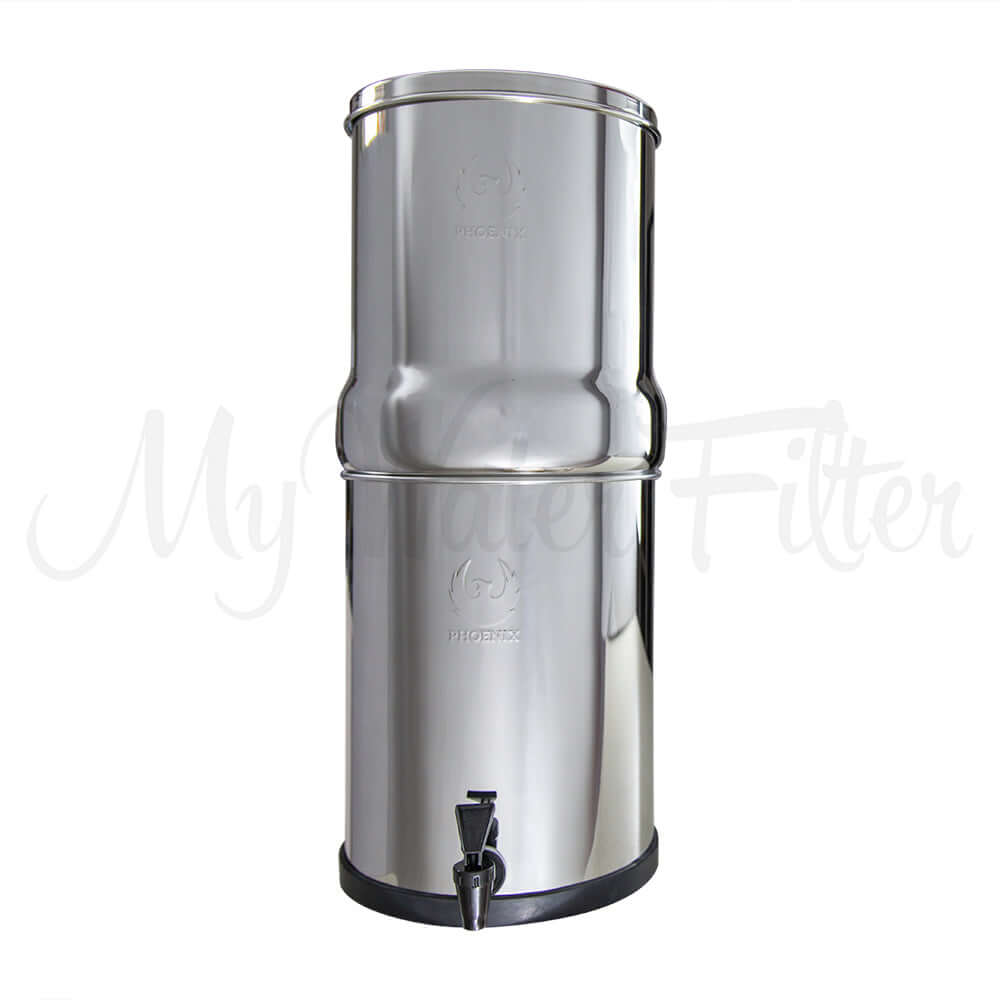 The Phoenix Stainless Steel Gravity Water Filter with Carbon Cartridges, featuring a spout at the bottom, has a capacity of 12 liters.