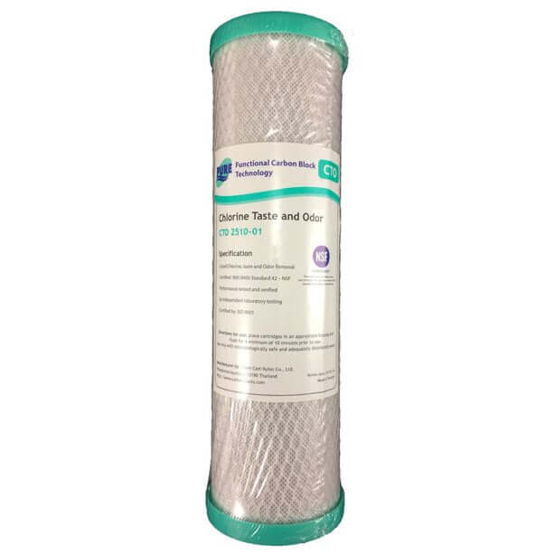 A cylindrical Pure CTO 1 Micron Coconut Carbon Block Water Filter Replacement Cartridge 10" x 2.5" featuring green end caps to address chlorine taste and odor.