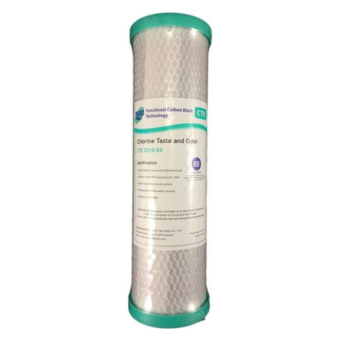 Pure CTO 5 Micron Carbon Block Water Filter Replacement Cartridge, featuring green caps and designed to reduce chlorine taste and odor.