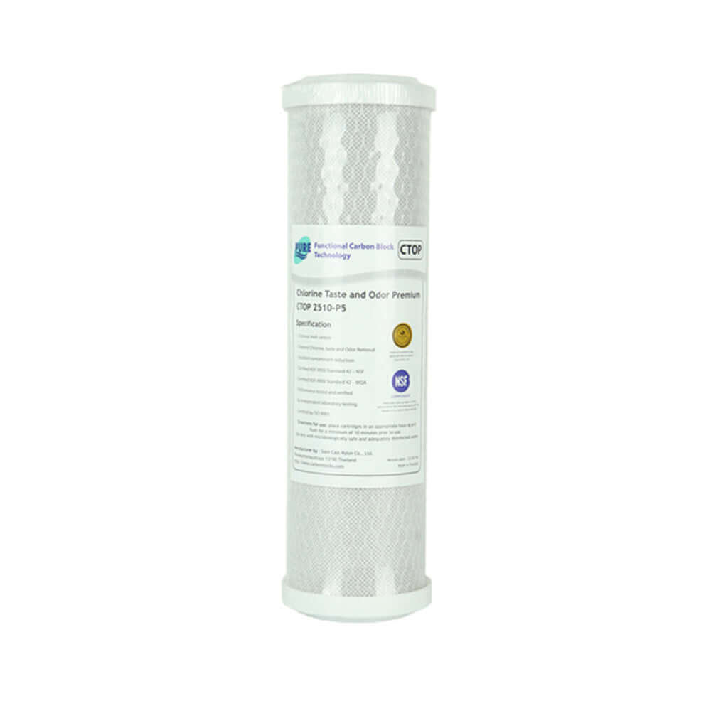 The Pure CTOP 0.5 Micron Carbon Block Water Filter Replacement Cartridge, is a 10" x 2.5" carbon filter cartridge designed to reduce chlorine taste and odor and comes with certification labels.