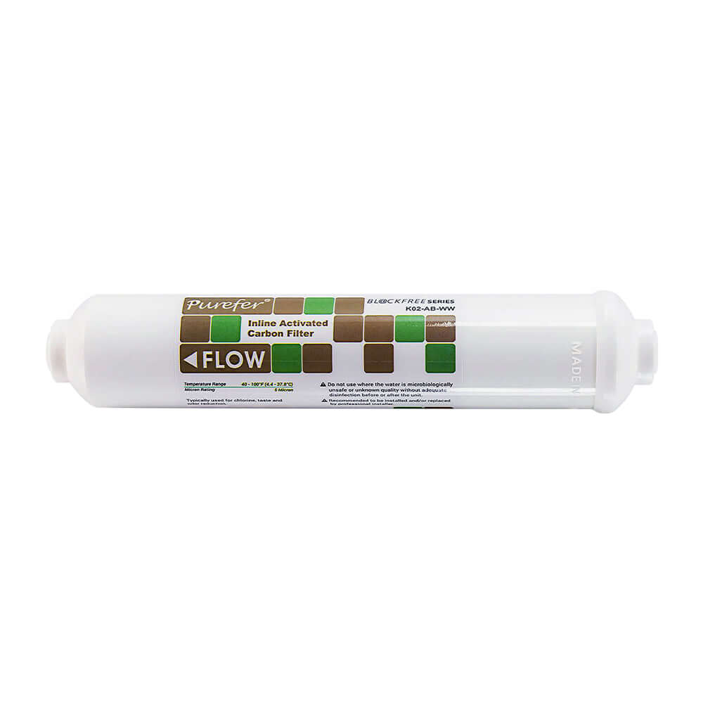 Purefer inline activated carbon filter replacement cartridge as part of the Xstream 7 Stage Reverse Osmosis Water Filter System with alkaliser