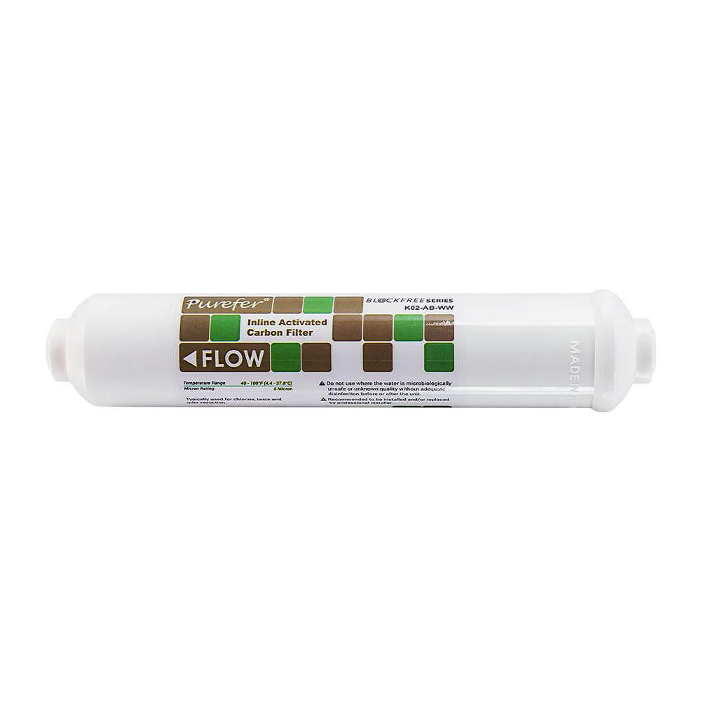 Purefer inline activated carbon water filter cartridge from Replacement Cartridge Pack for the 3 Stage Portable Reverse Osmosis Water Filter System, featuring labeled flow direction.