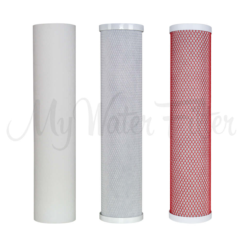 Three Replacement Cartridge Packs for the MWF 20" x 4.5" Triple Big Blue Whole House Water Filter System with Aragon are lined up vertically: polyspun sediment, carbon block and Aragon