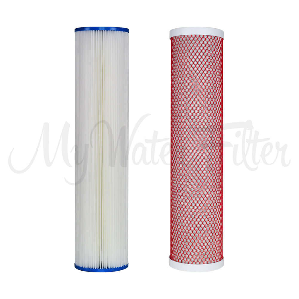 Two "Replacement Cartridge Pack for MWF 20" x 4.5" Twin Big Blue Whole House Rain Water Tank Water Filter System with Aragon" cartridges are placed next to each other, one featuring a pleated sediment cartridge with blue end caps and the Aragon showcasing a red mesh exterior.