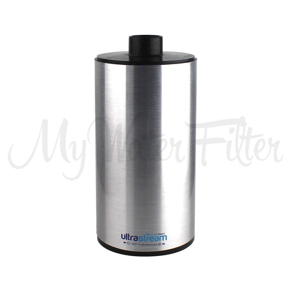 A chrome cylindrical water filter cartridge with a black top, labeled "UltraStream"