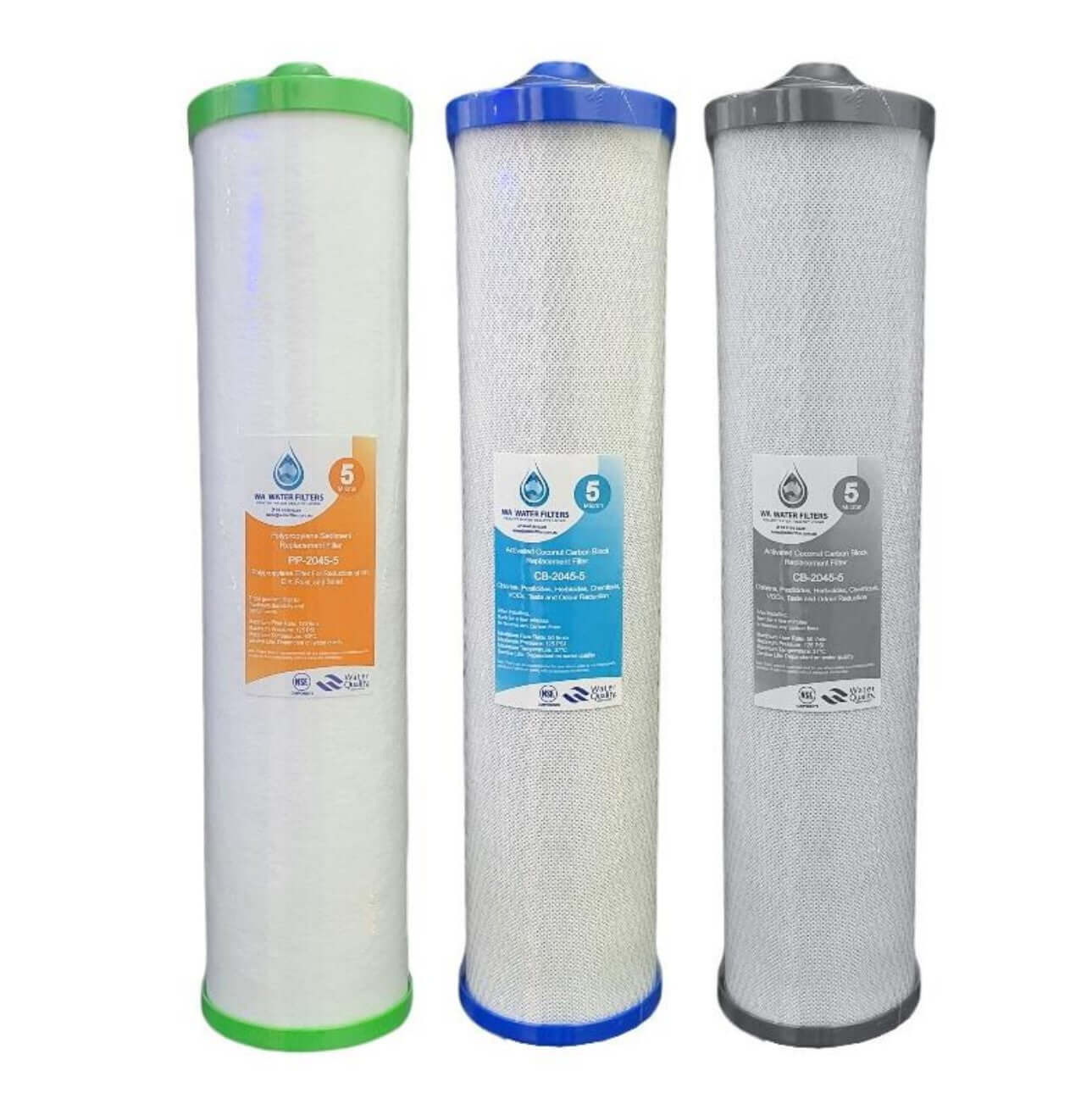A set of three AquaCo Classic Triple Whole House Water Filter Cartridges, featuring caps in vibrant green which is the sediment filter, blue for the activated carbon block, and gray for the silver impregnated carbon filter.