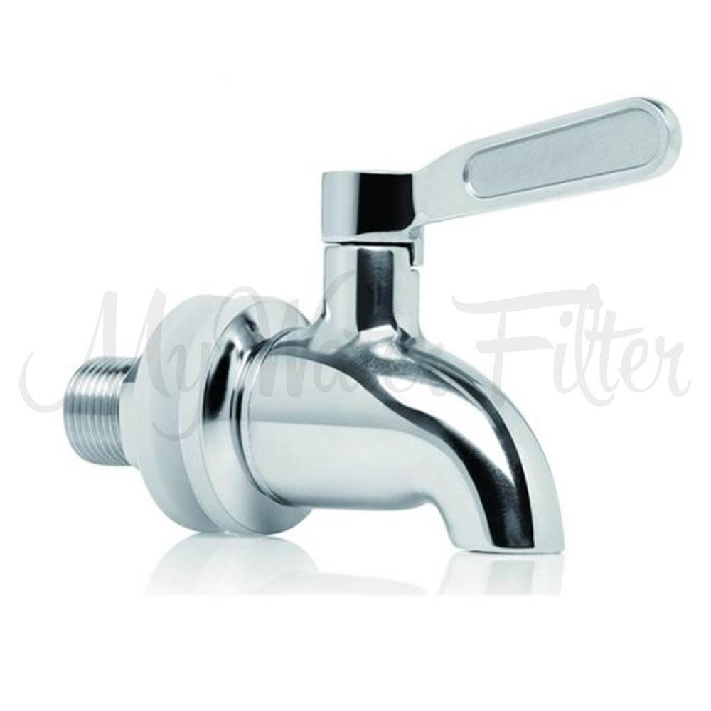 The Stainless Steel Tap is a single lever handle chrome faucet designed for plumbing installations with gravity water filters.
