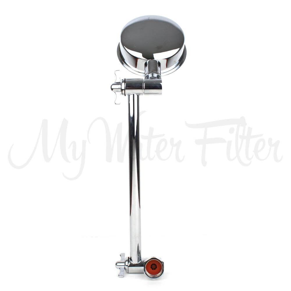Close-up of a chrome All Directional Shower Head with an Arm.