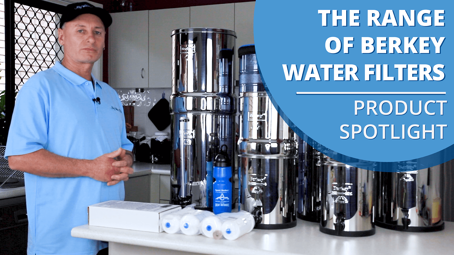 Rod showcasing different sizes of Berkey Stainless Steel Water Filters.