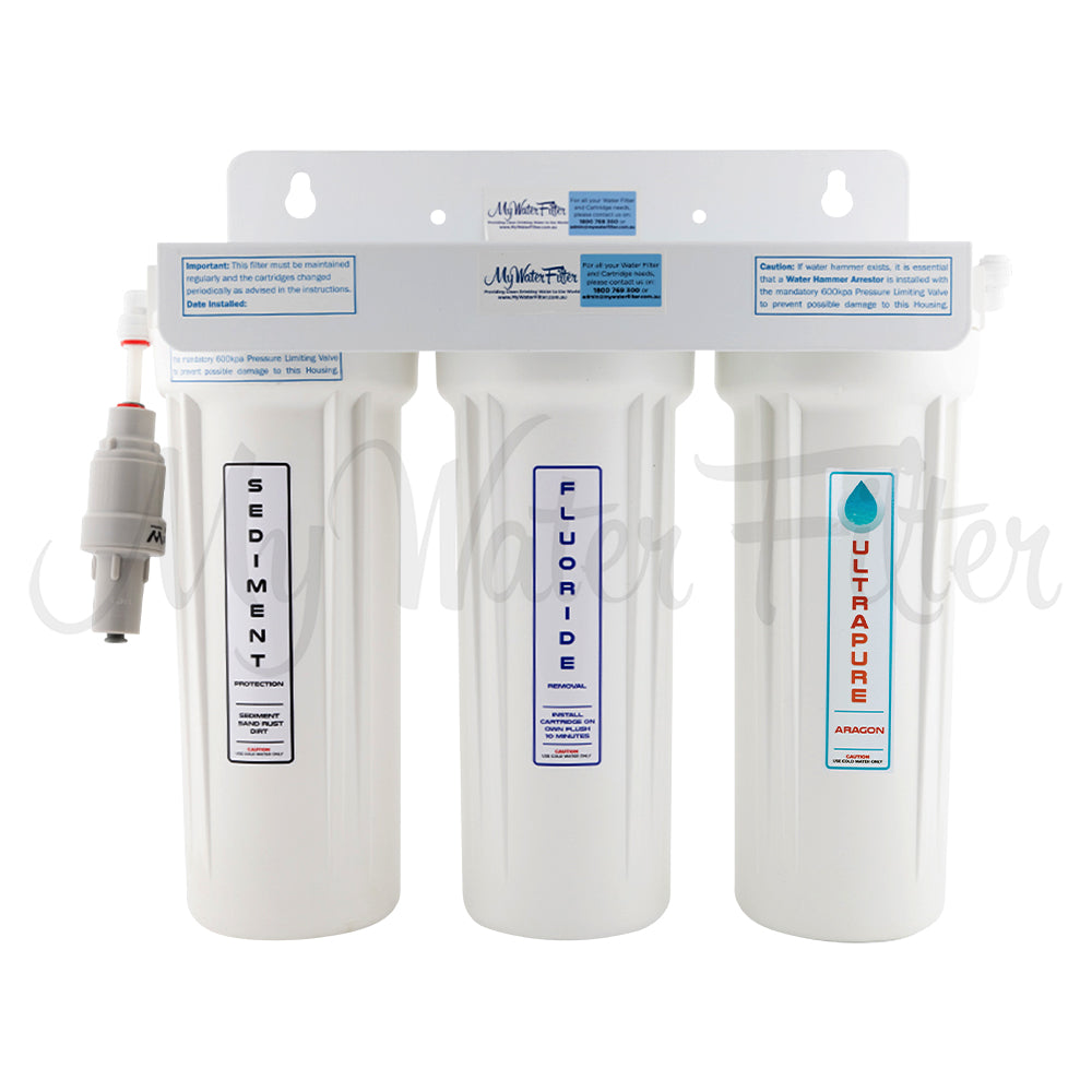 ULTRAPURE Aragon 10" Triple Under Sink Water Filter System with Fluoride Removal & Sediment Protection with watermark