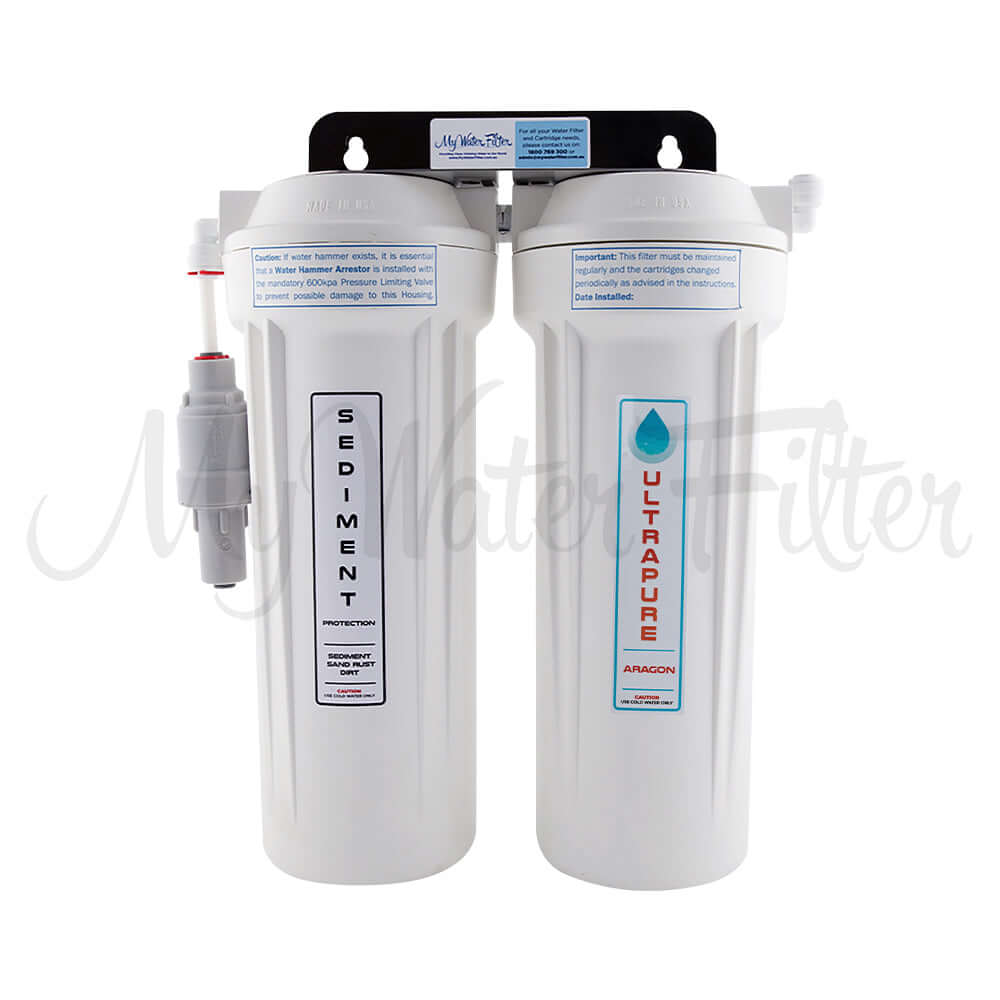 The ULTRAPURE Aragon 10" Twin Under Sink Water Filter System from Ultrapure provides excellent sediment protection with Sediment and ULTRAPURE Aragon filters, all housed in a stylish white design.
