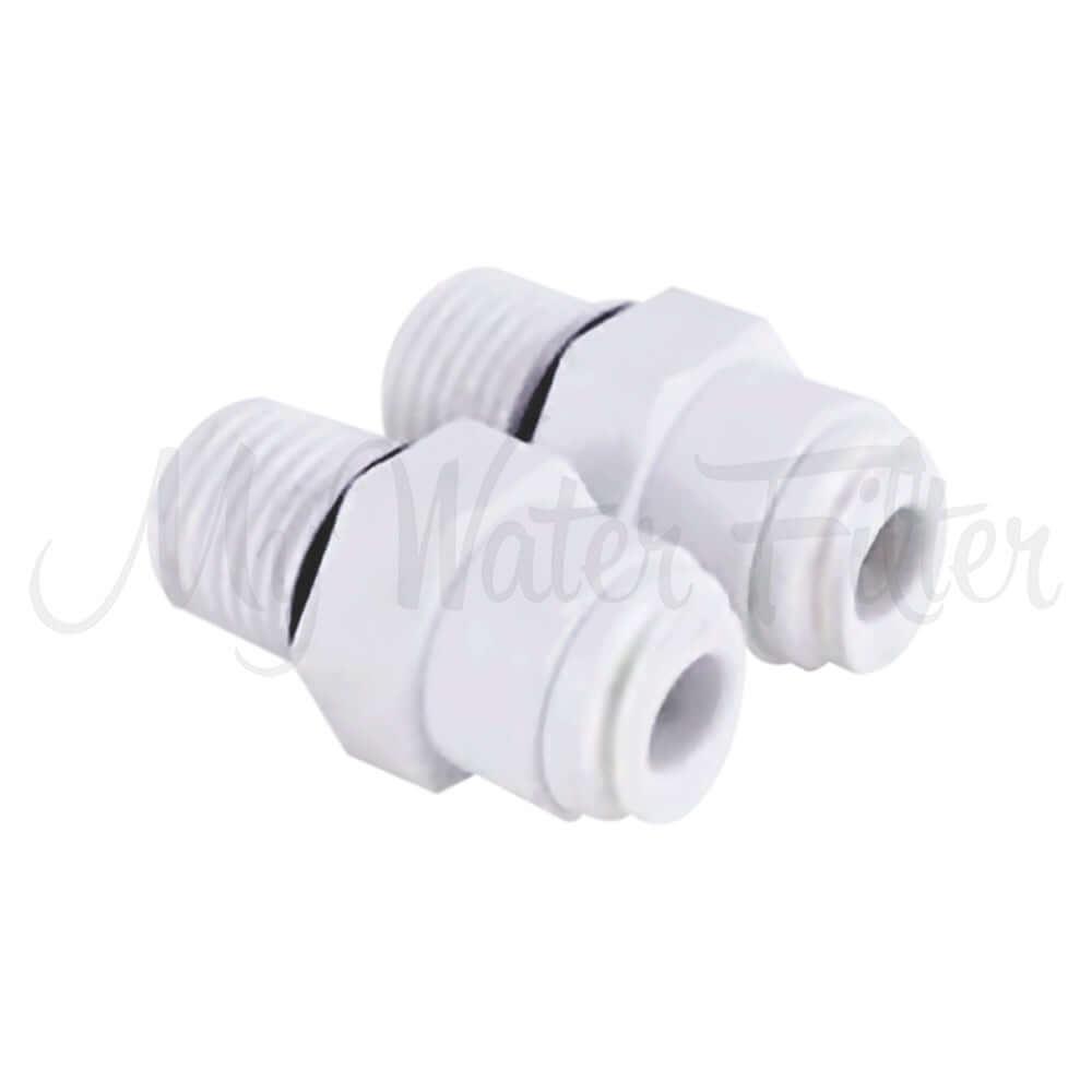 A pair of white plastic quick-connect fittings featuring threaded ends and designed for connecting tubing in water filtration systems. Each fitting is a 1 x Male elbow with a 1/8" NPT thread and a 1/4" push-in connection.