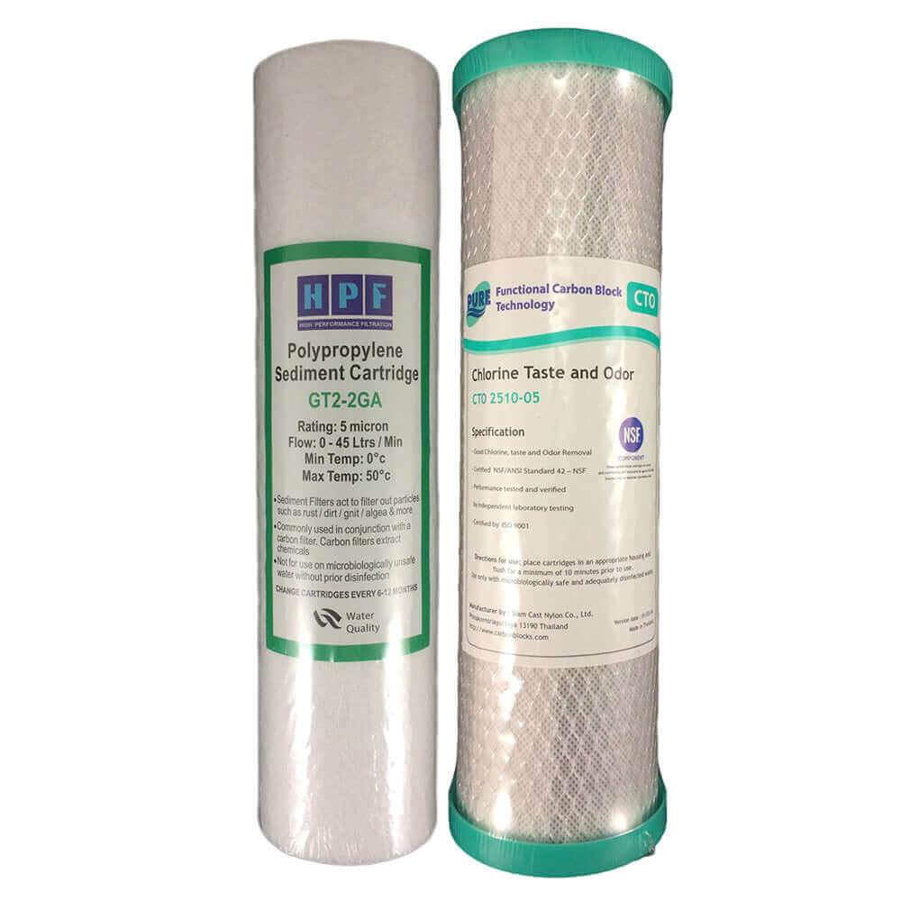 A sediment and a carbon block cartridges from the Replacement Cartridge Pack for the 4 Stage Reverse Osmosis Water Filter System with pH Neutralisation.