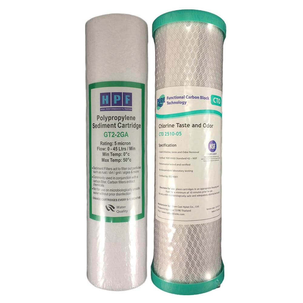 A sediment and a carbon block cartridges from the Replacement Cartridge Pack for the 4 Stage Reverse Osmosis Water Filter System with pH Neutralisation.