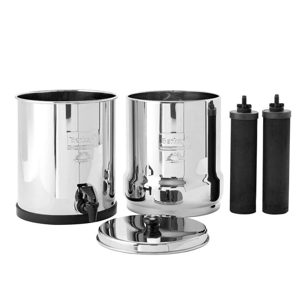 Top and bottom tanks of Big Berkey System (2.25 gal) come with black filter elements and a lid, perfect for water purification.
