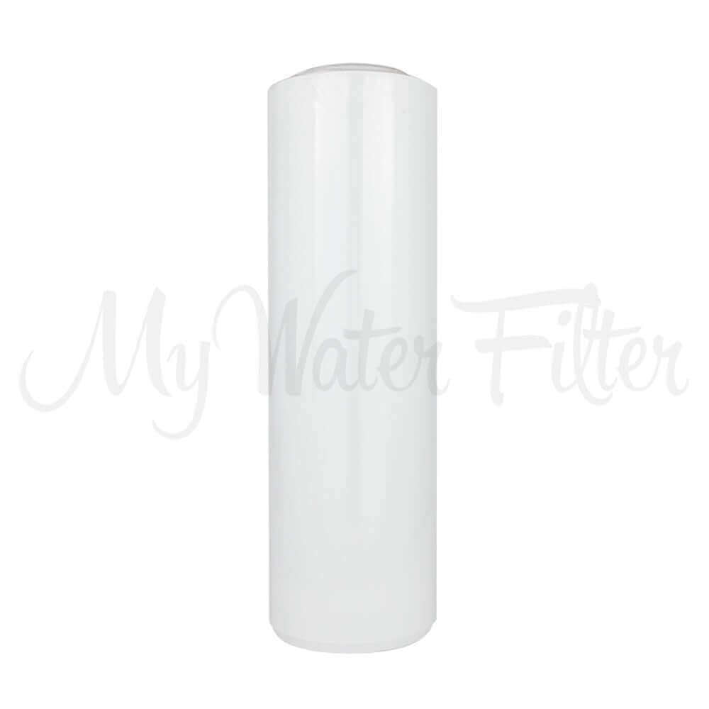 A white water filter cartridge, a 10" Fluoride removal cartridge for benchtop and under sink water filter systems.