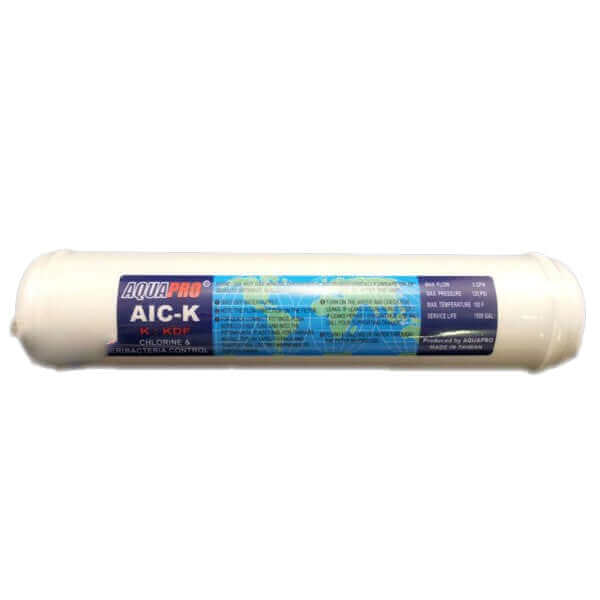 Aqua Pro AIC-K KDF and Granular Activated Carbon Inline Water Filter Replacement Cartridge, featuring a white cylindrical design with a blue label adorned with world map graphics, measures 11" x 2" and includes 1/4" threads.
