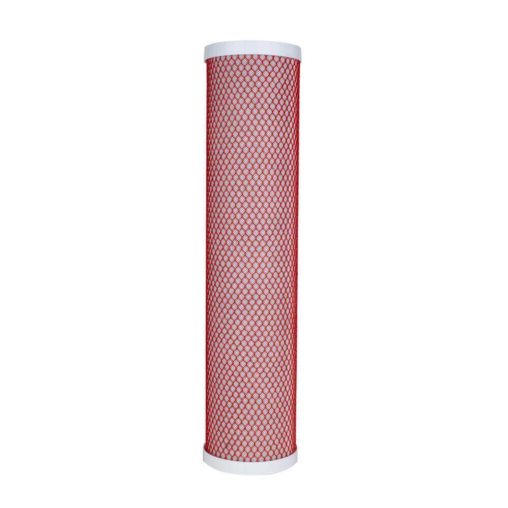 A red and white Aragon water filter cartridge from the Replacement Cartridge Pack for the HPF 20