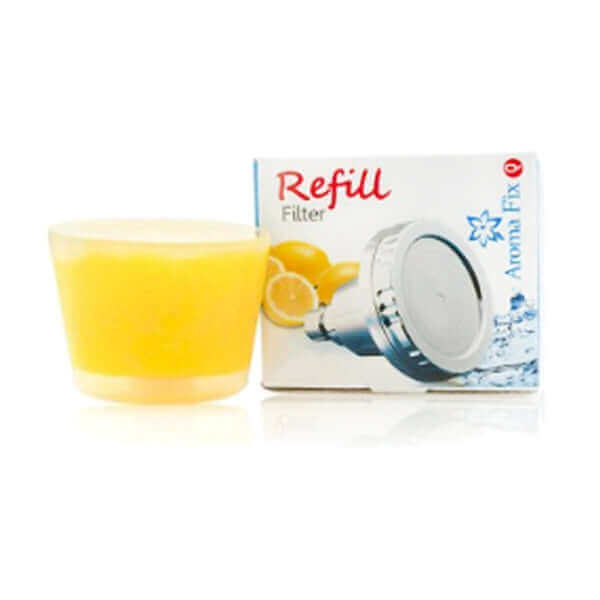 A yellow cartridge labeled "Shower Filter Replacement Cartridge for Aroma Fix Q," adorned with a vivid lemon image, is displayed invitingly in front of its packaging. This Vitamin C-enhanced filter by Aroma Sense Q provides a refreshing and chlorine-free shower experience with every use.