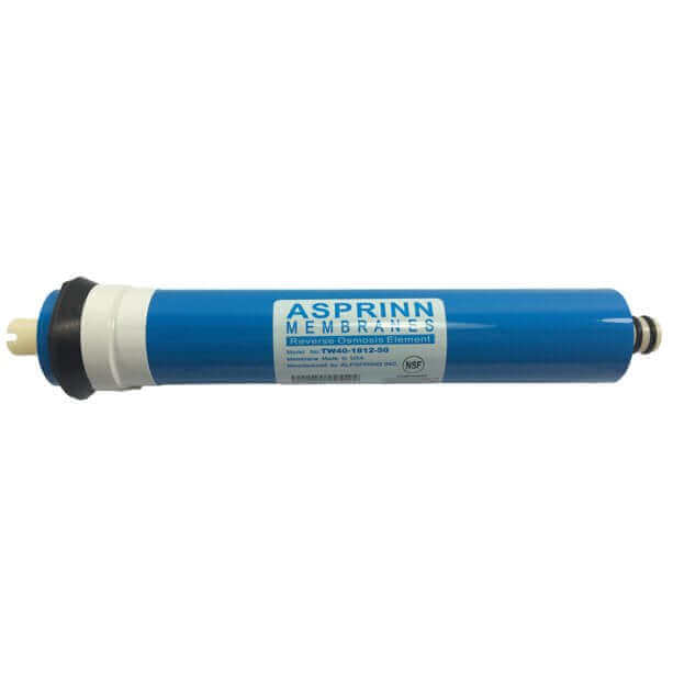 A blue cylindrical Asprinn RO Membrane cartridge with threaded connectors on both ends